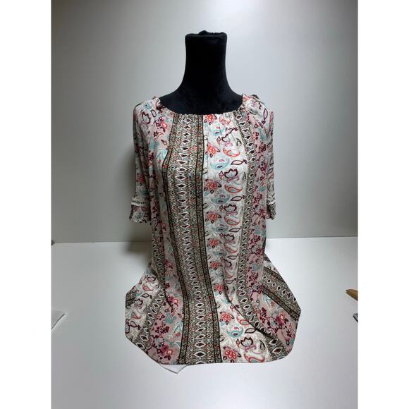 Naïf Women’s Boho Mini Dress Sz L Hippie Bell Sleeve Lined Crochet Detail - Picture 1 of 9